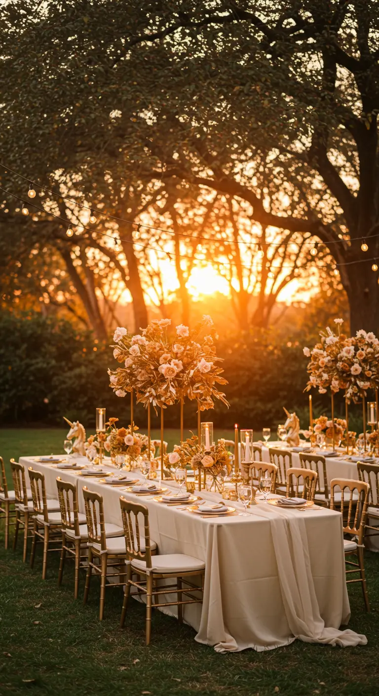 Elegant outdoor unicorn party table at sunset with gold chairs.
