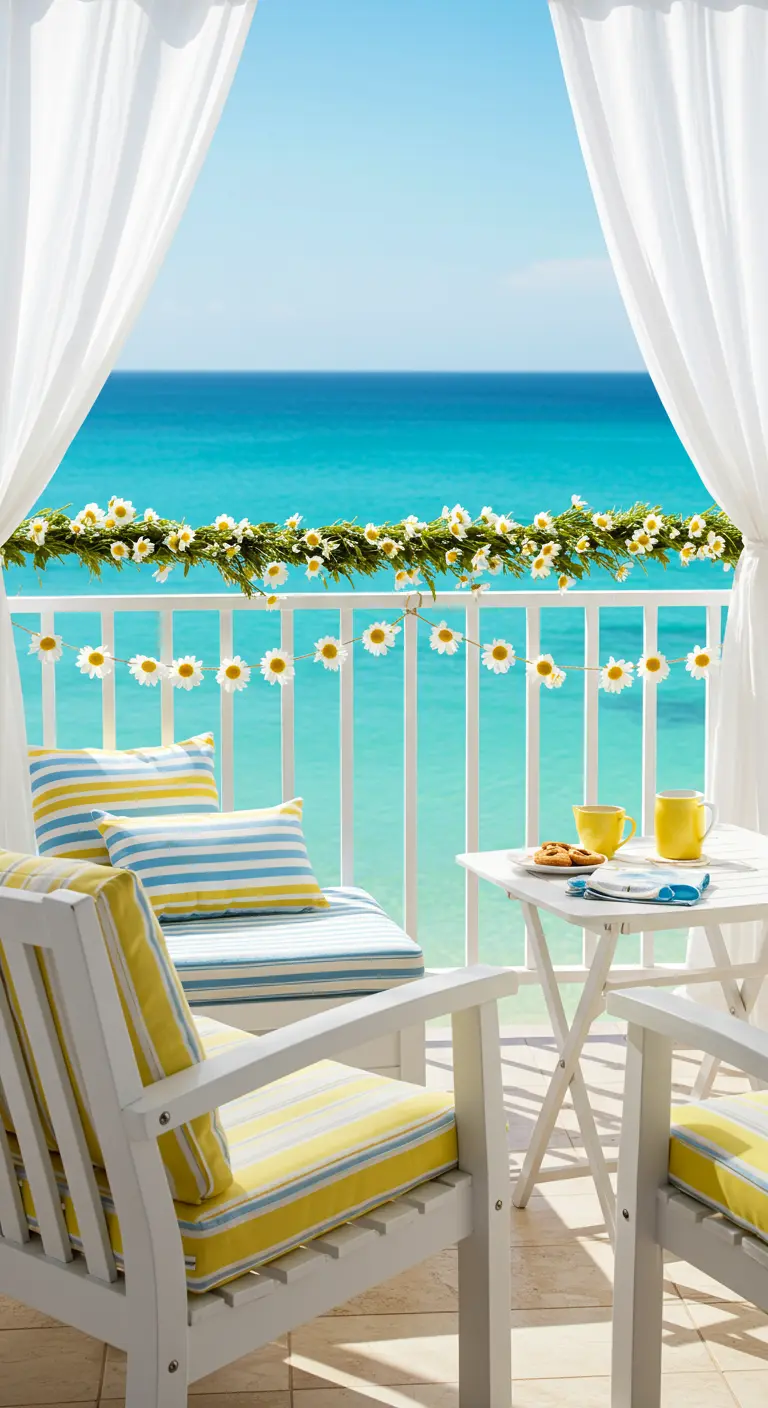 Balcony overlooking the ocean with white chairs, yellow striped cushions, and daisy garlands.