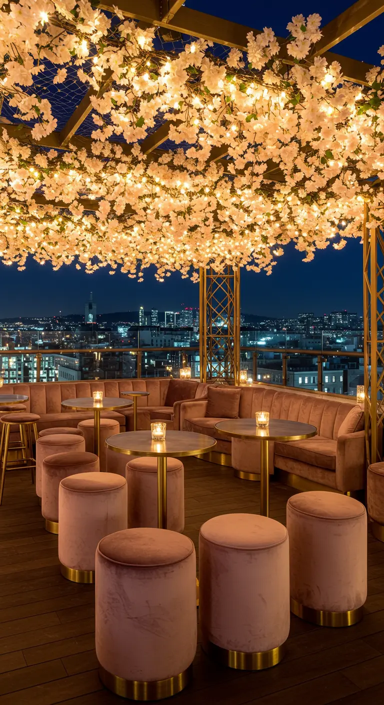 A rooftop bar at night with a ceiling covered in illuminated cherry blossoms and pink velvet seating.