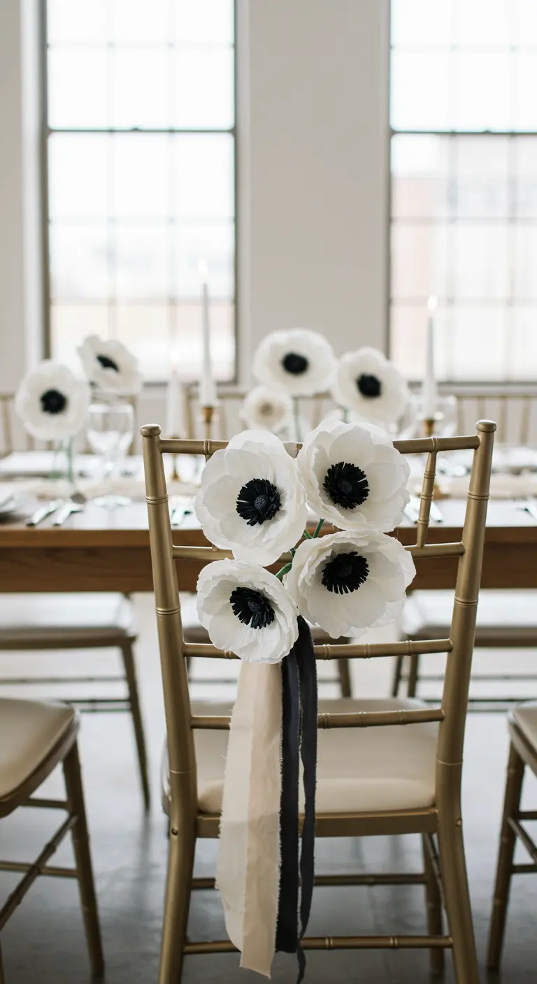 A bunch of white and black paper anemones tied with ribbons to the back of a gold chair.
