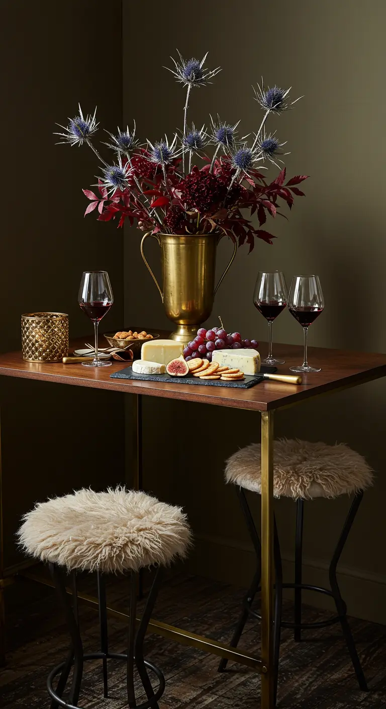 A tall table set up for wine and cheese, with two faux fur-topped bar stools.