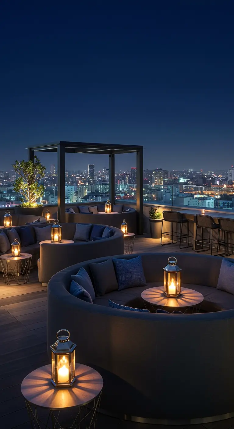 Rooftop lounge with curved grey sofas, navy cushions, and lanterns on side tables.