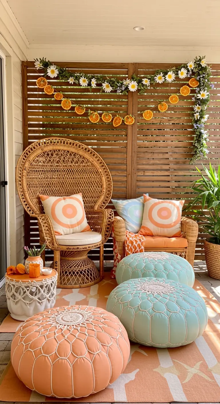 A boho patio with rattan chairs and a garland of dried orange slices and daisies.