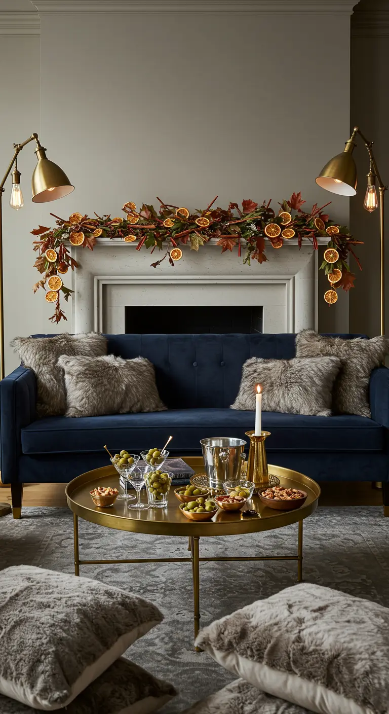 Blue velvet sofa with faux fur pillows, facing a brass table and a fireplace mantel.