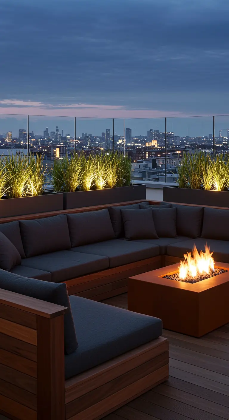 Sleek rooftop lounge with a large wooden sectional, a fire table, and an evening city view.