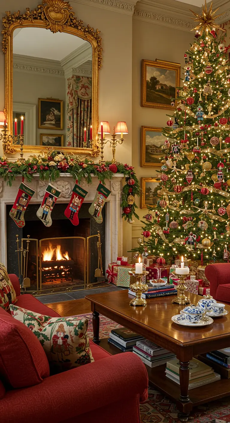Traditional Christmas living room with a decorated tree, fireplace with stockings, and red sofa.