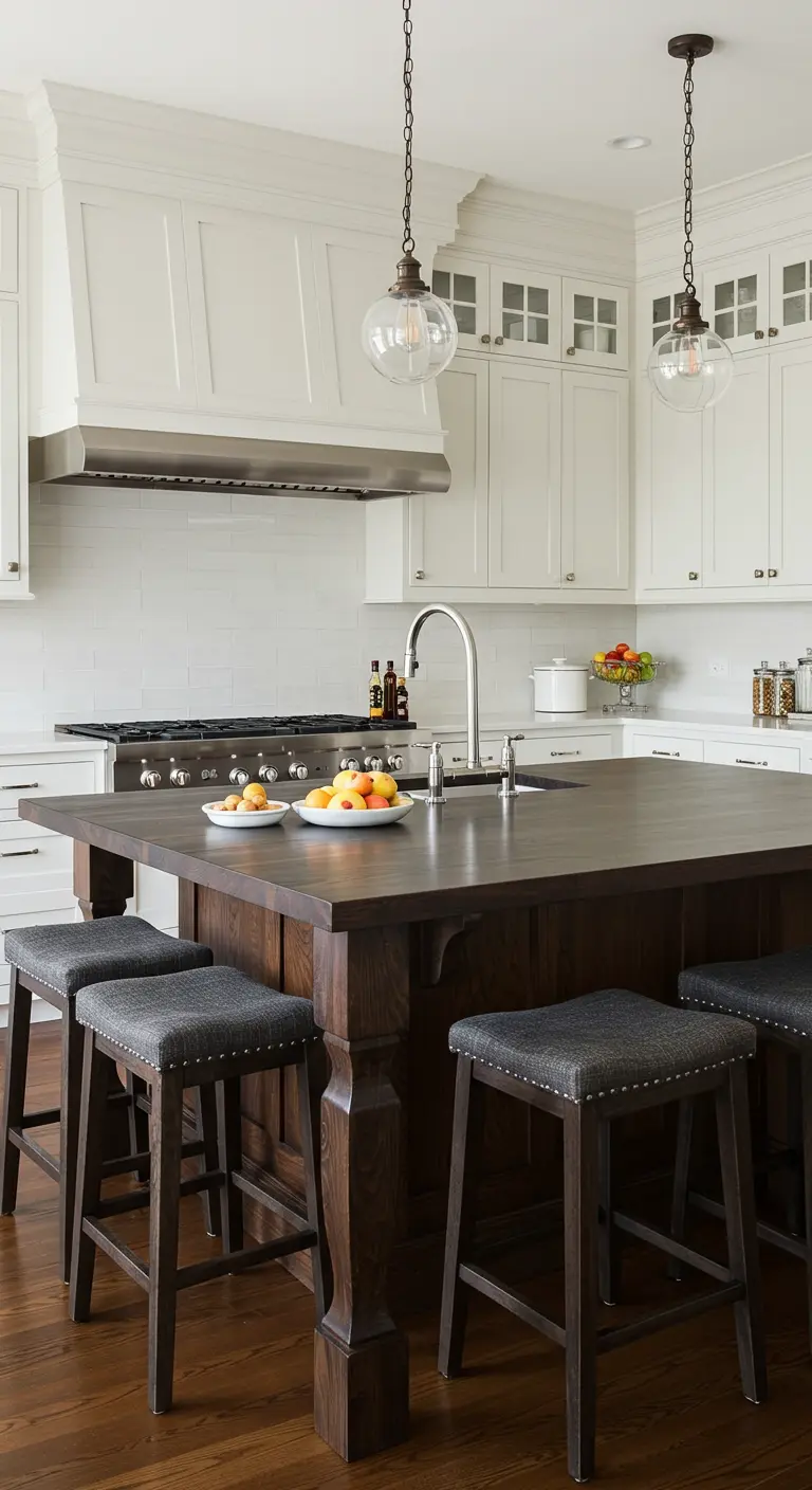 White kitchen with a dark wood island and dark grey stools with nailhead trim.