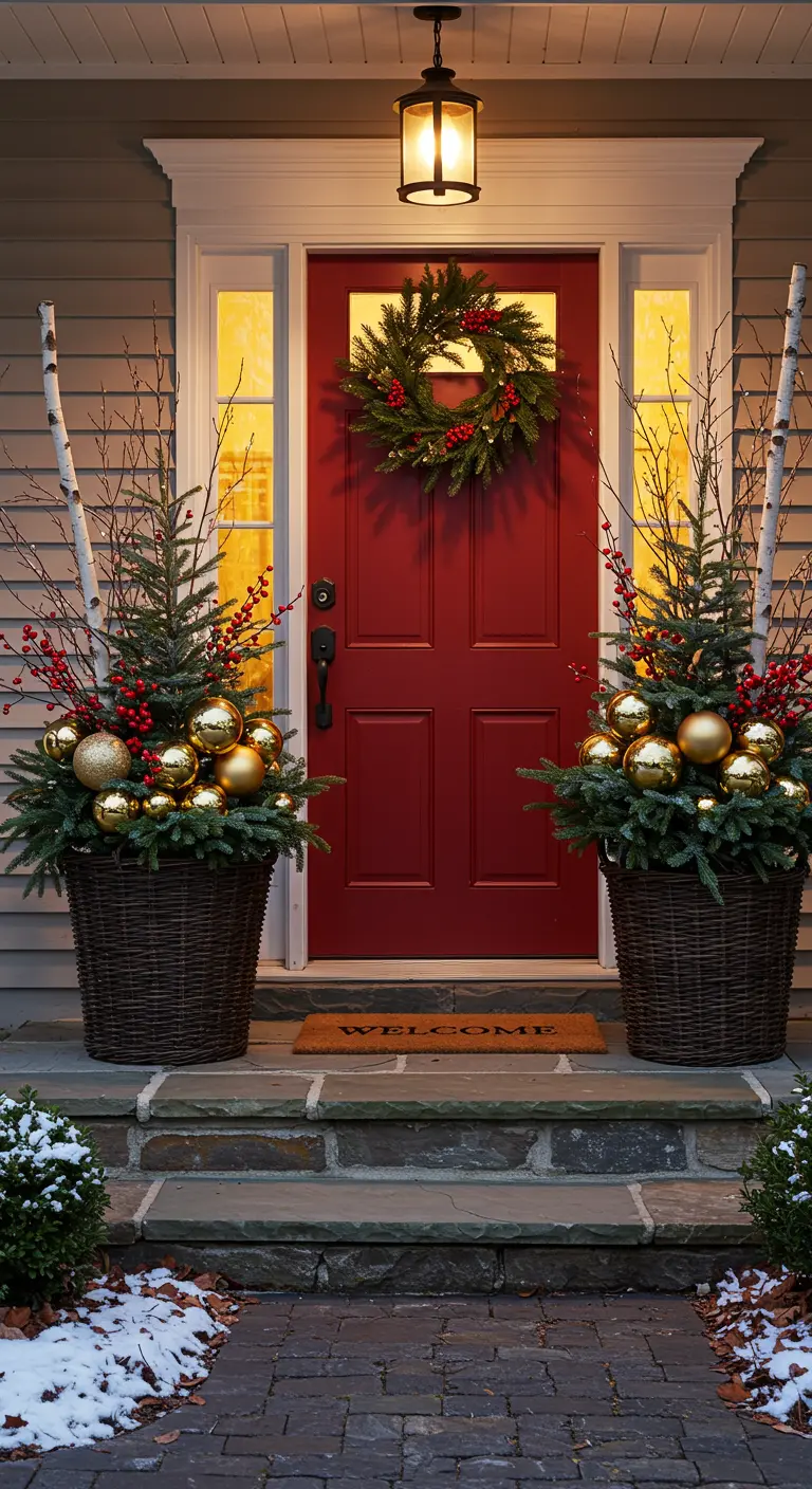 Symmetrical holiday planters with gold baubles and birch branches flank a red front door.