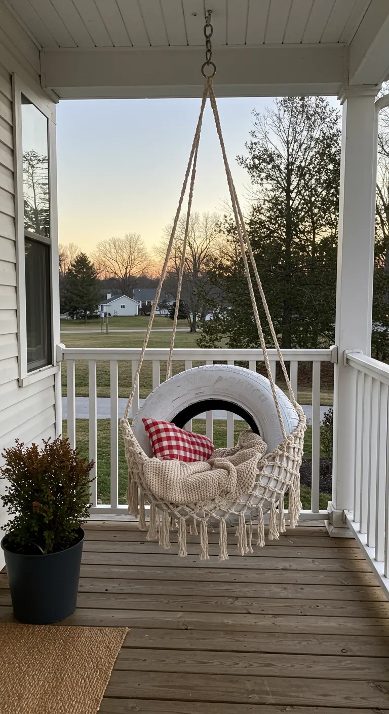 White-painted tire swing with a checkered pillow on a farmhouse porch.