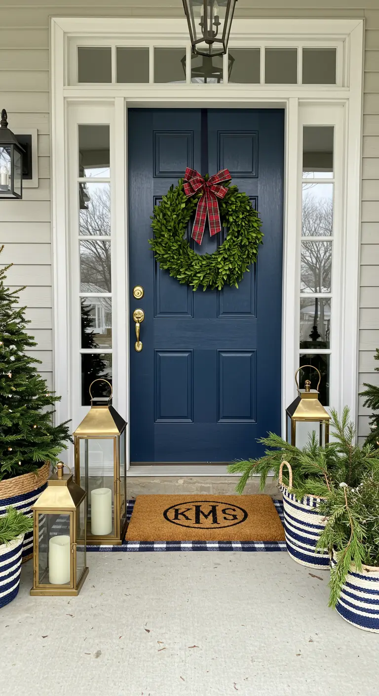 A classic entryway with a blue door, a boxwood wreath with a plaid bow, and striped baskets.