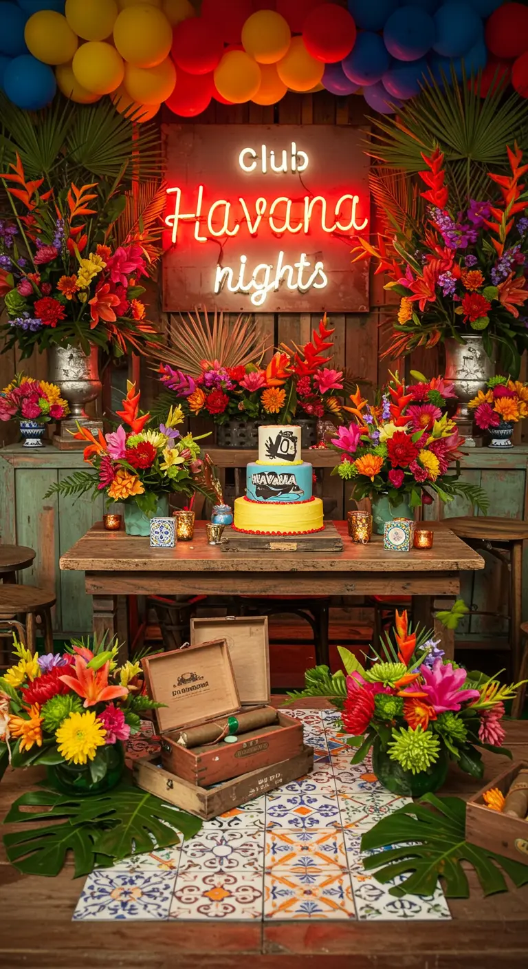 A vibrant 'Havana Nights' party table with colorful flowers, tiles, and a neon sign.