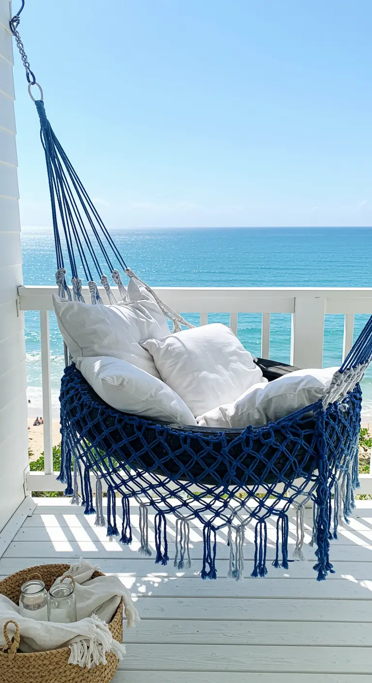 Blue and white macramé tire swing on a balcony with an ocean view.