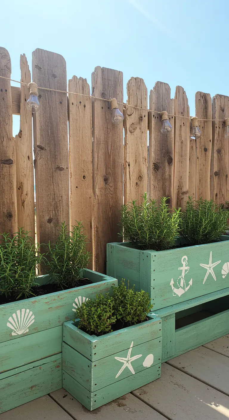 Seafoam green pallet planters with white seashell stencils on a deck.