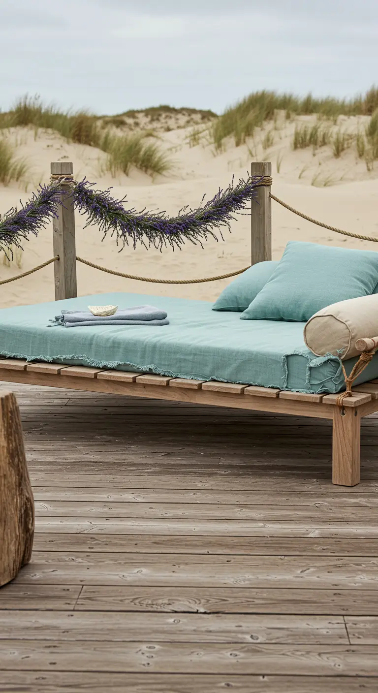 A wooden daybed on a beach deck with seafoam green cushions and a dried lavender garland on the railing.