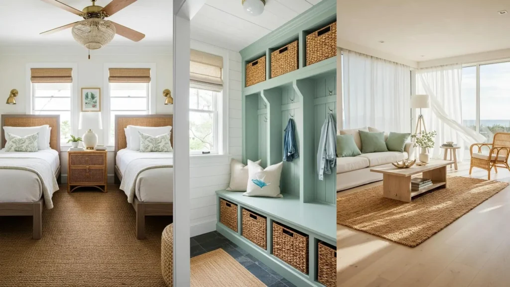 Three coastal chic rooms featuring woven textures, blue-green accents, and breezy drapes overlooking the ocean.