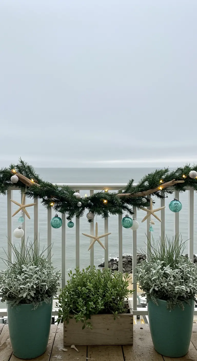 A seaside balcony with a garland decorated with starfish and sea-glass colored ornaments.