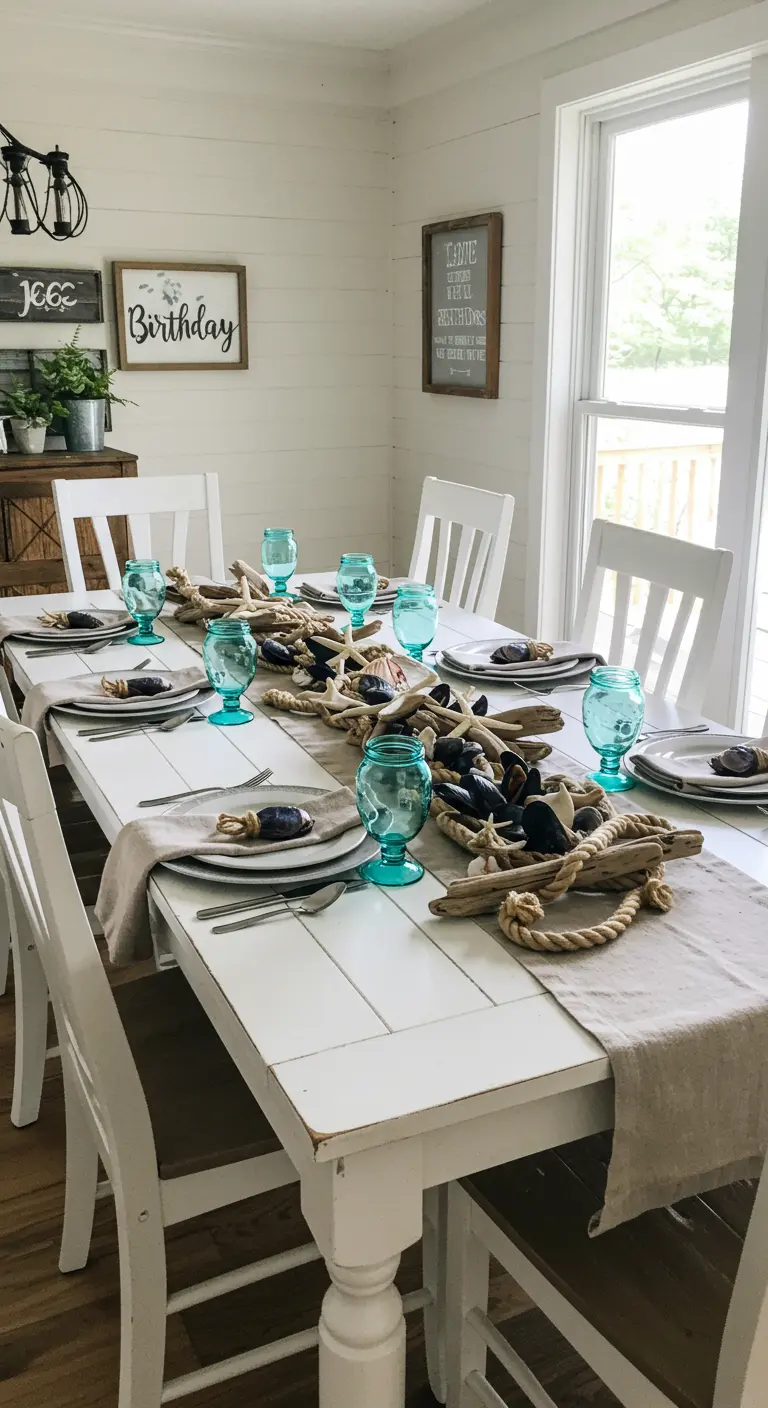 Coastal farmhouse dining table with driftwood and shell centerpiece.