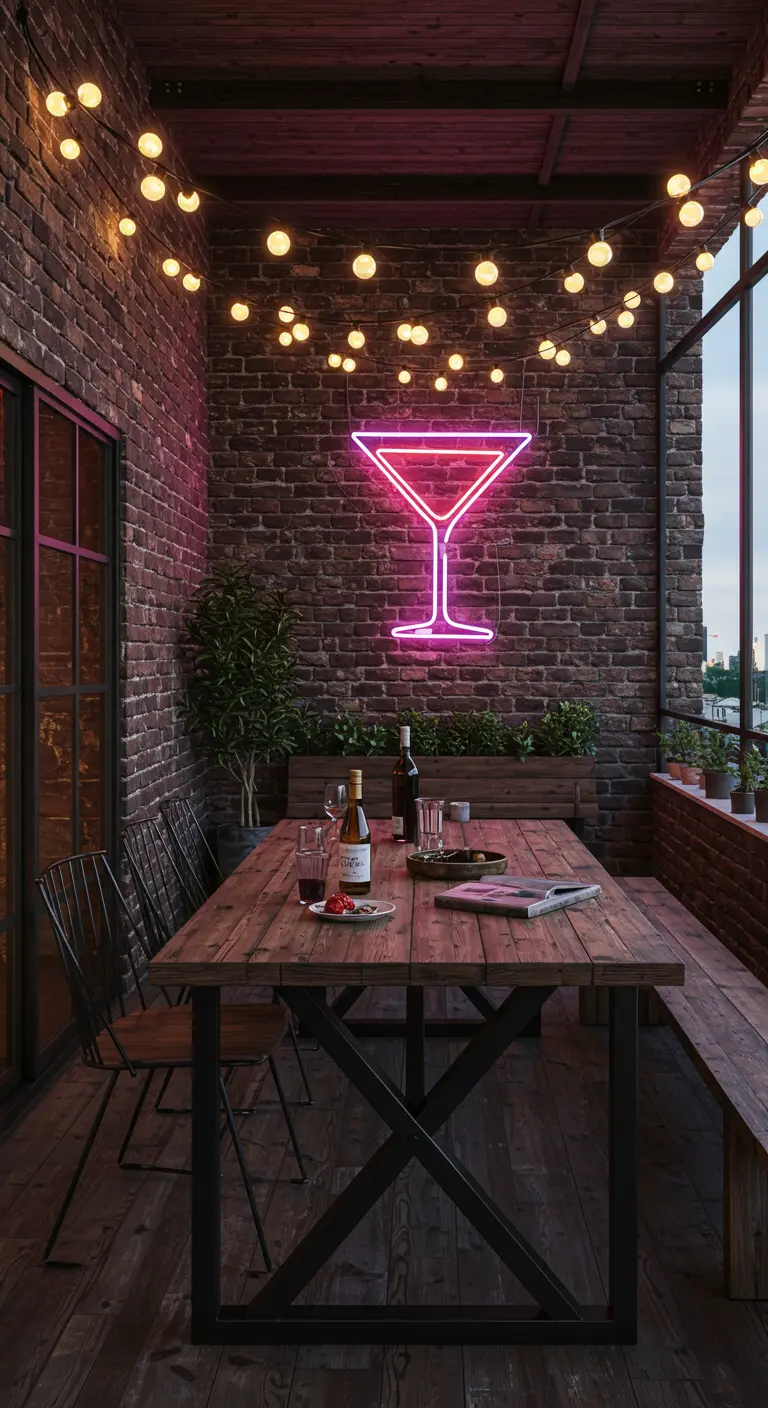 A brick balcony with a wooden dining table and a neon martini glass sign glowing above.