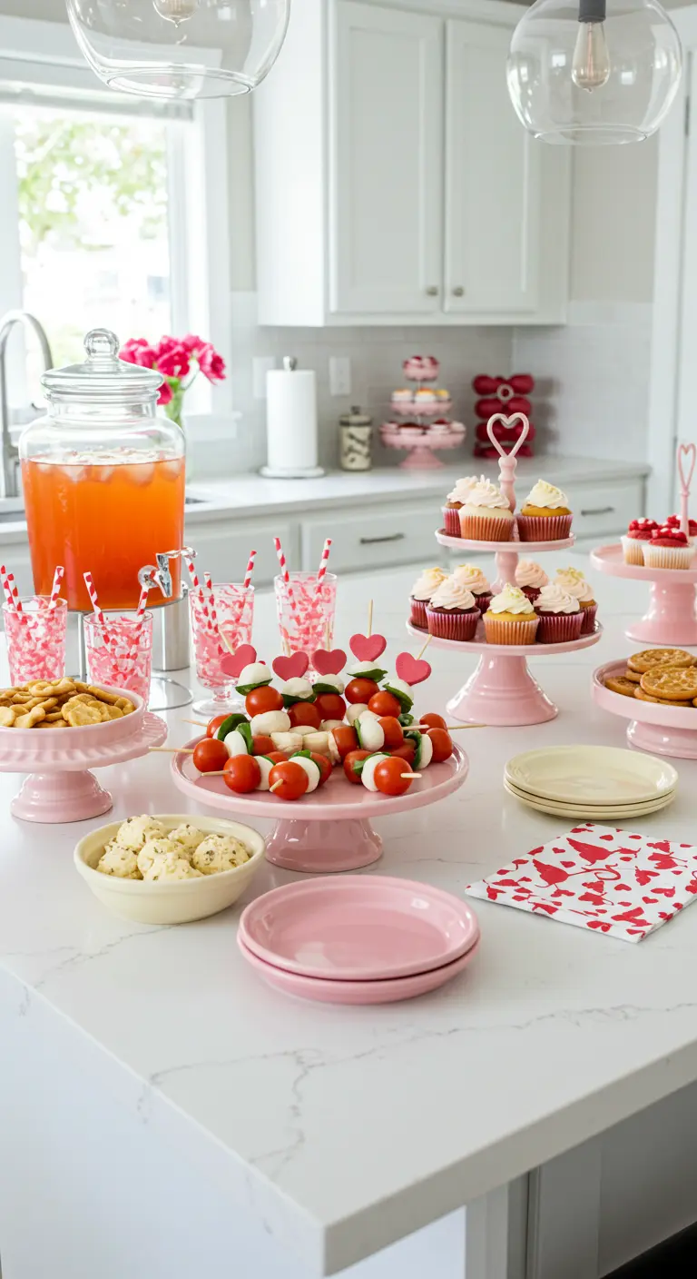 A Valentine's snack bar on a kitchen island with pink serveware and heart-themed treats.