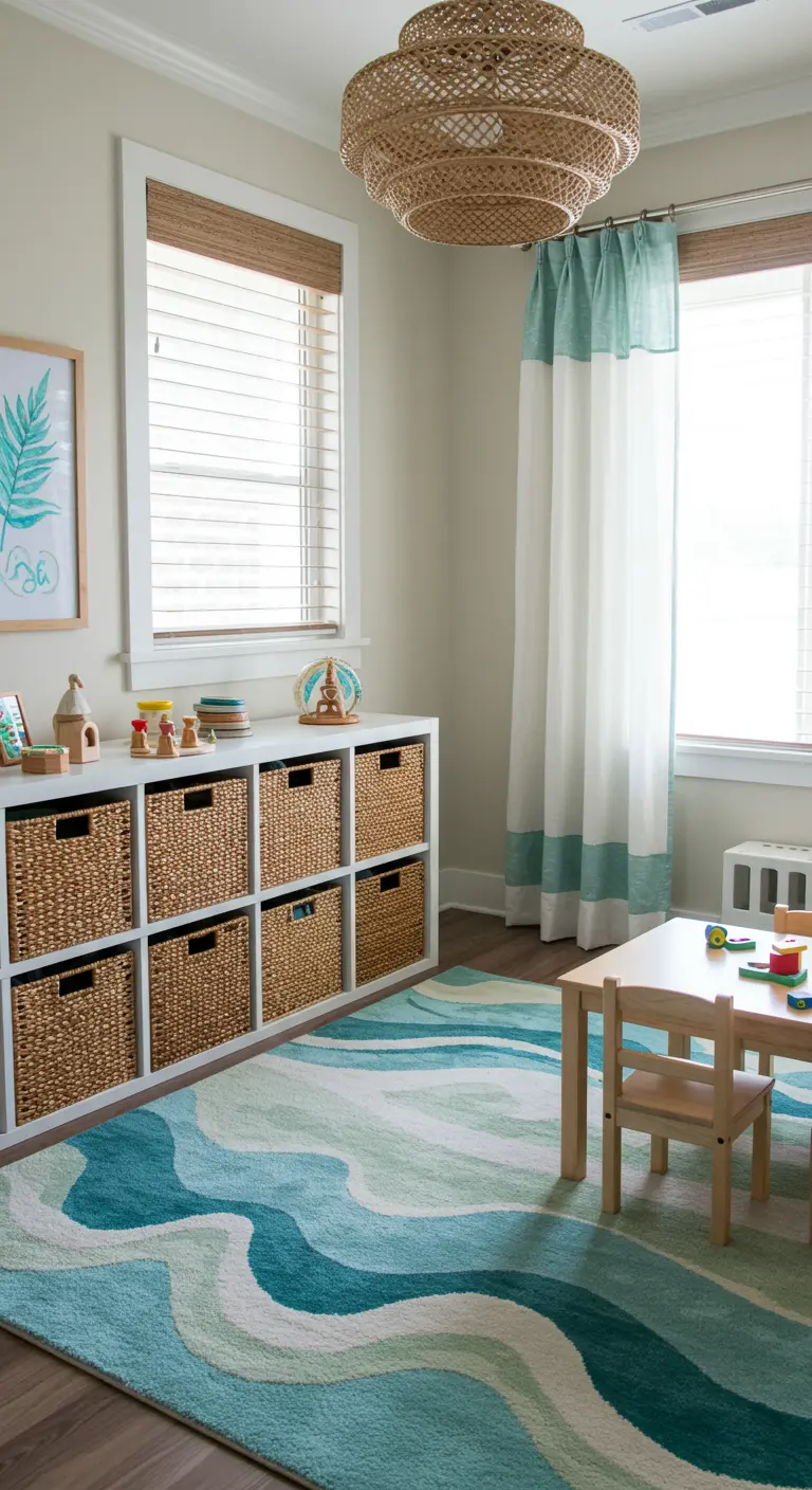 A child's playroom with a wave-patterned rug and a cube shelf with woven baskets.