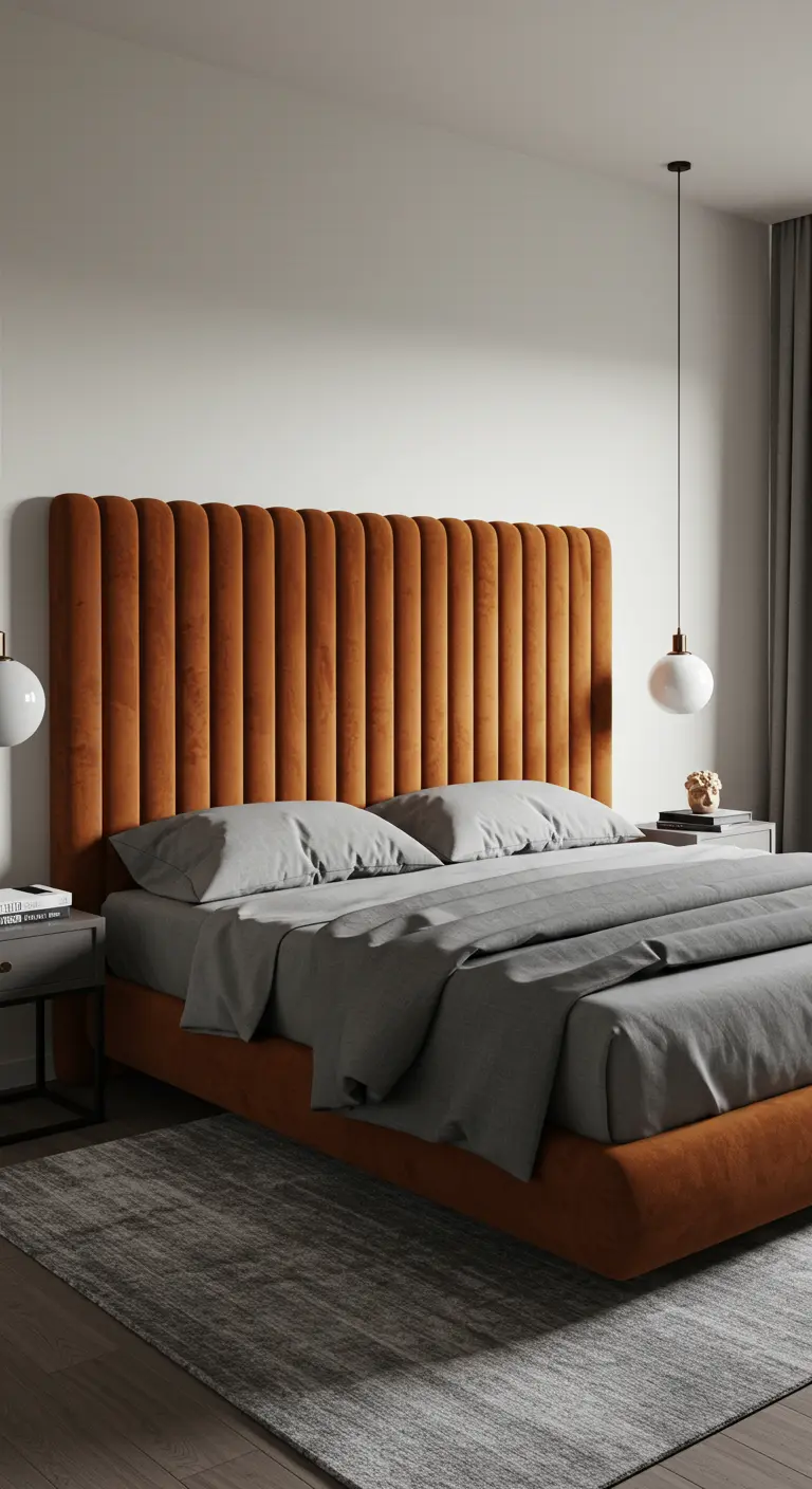 Bedroom with a tall, channel-tufted velvet headboard in burnt orange.