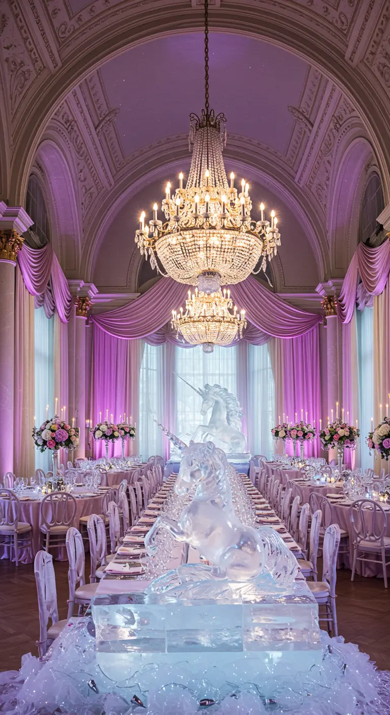 Grand ballroom with a magnificent unicorn ice sculpture as a centerpiece.