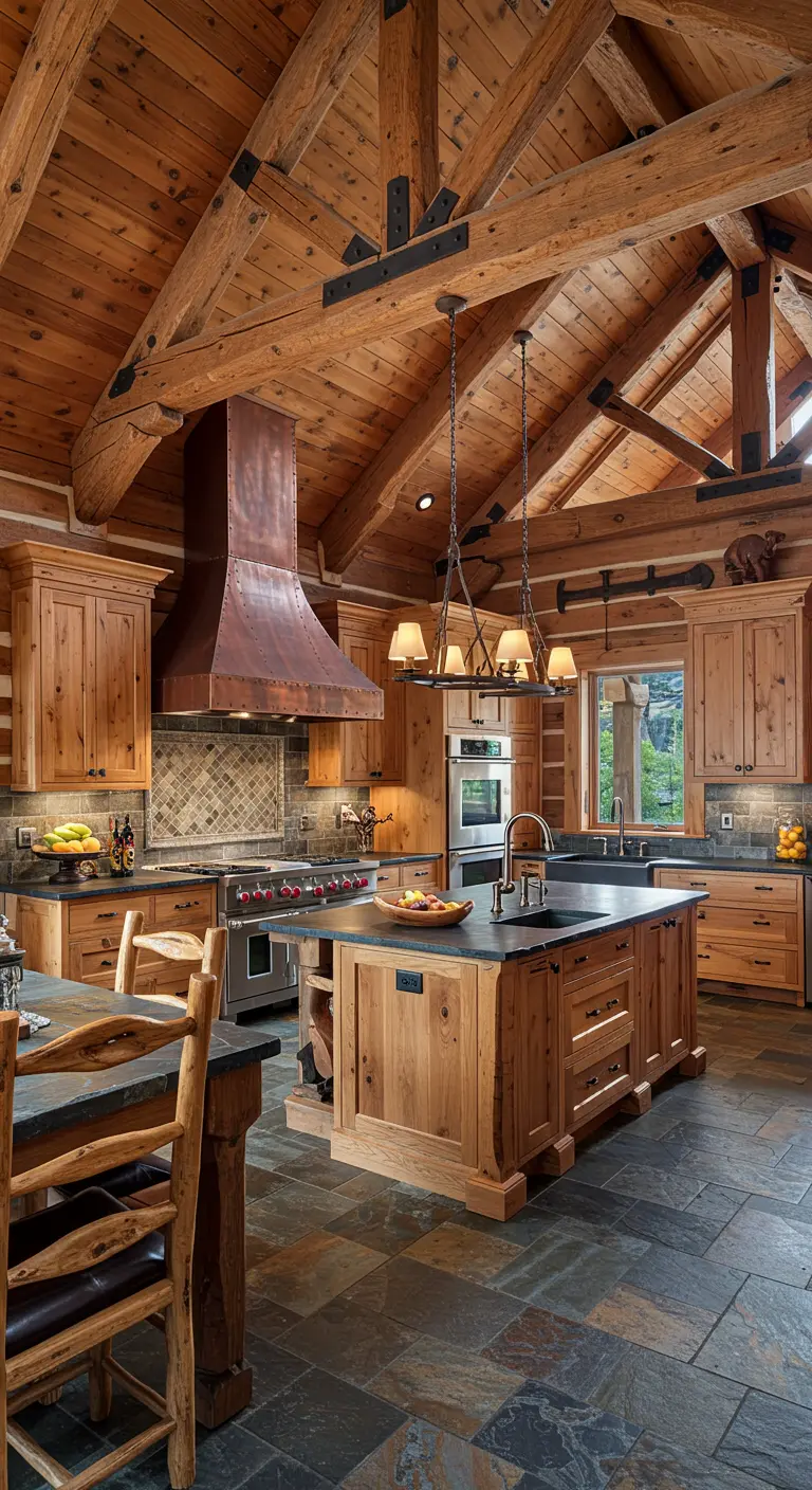 Grand log cabin kitchen with a copper hood and slate tile flooring.