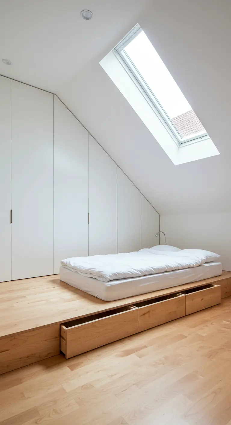Loft bedroom with a platform bed with storage and seamless white closets.