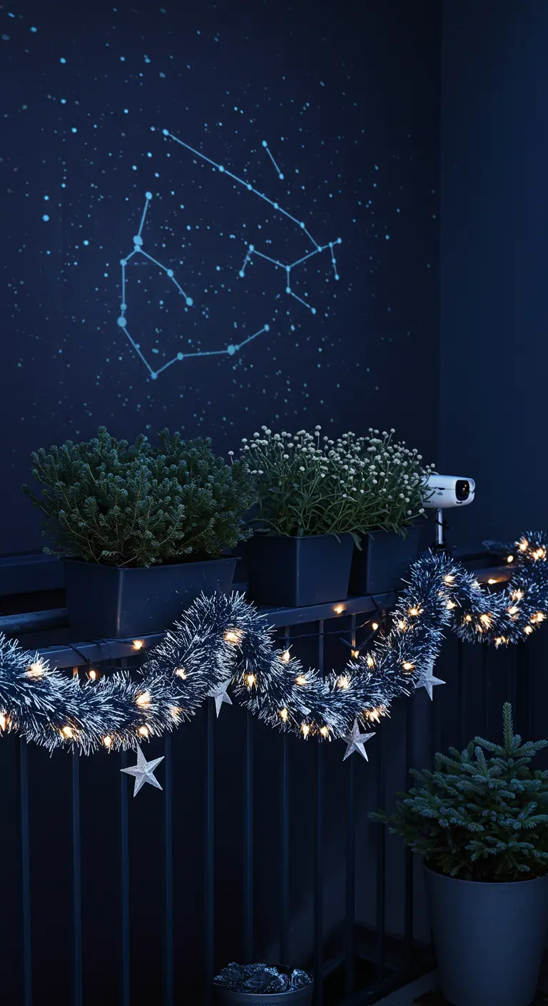 A balcony at night with a constellation projected on the wall and a starry tinsel garland.