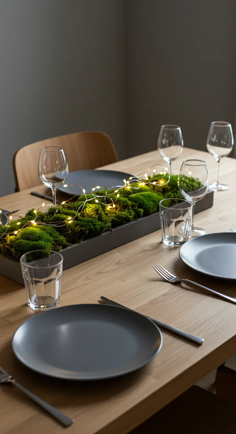 A modern dining table with a moss centerpiece contained in a long, grey planter box.