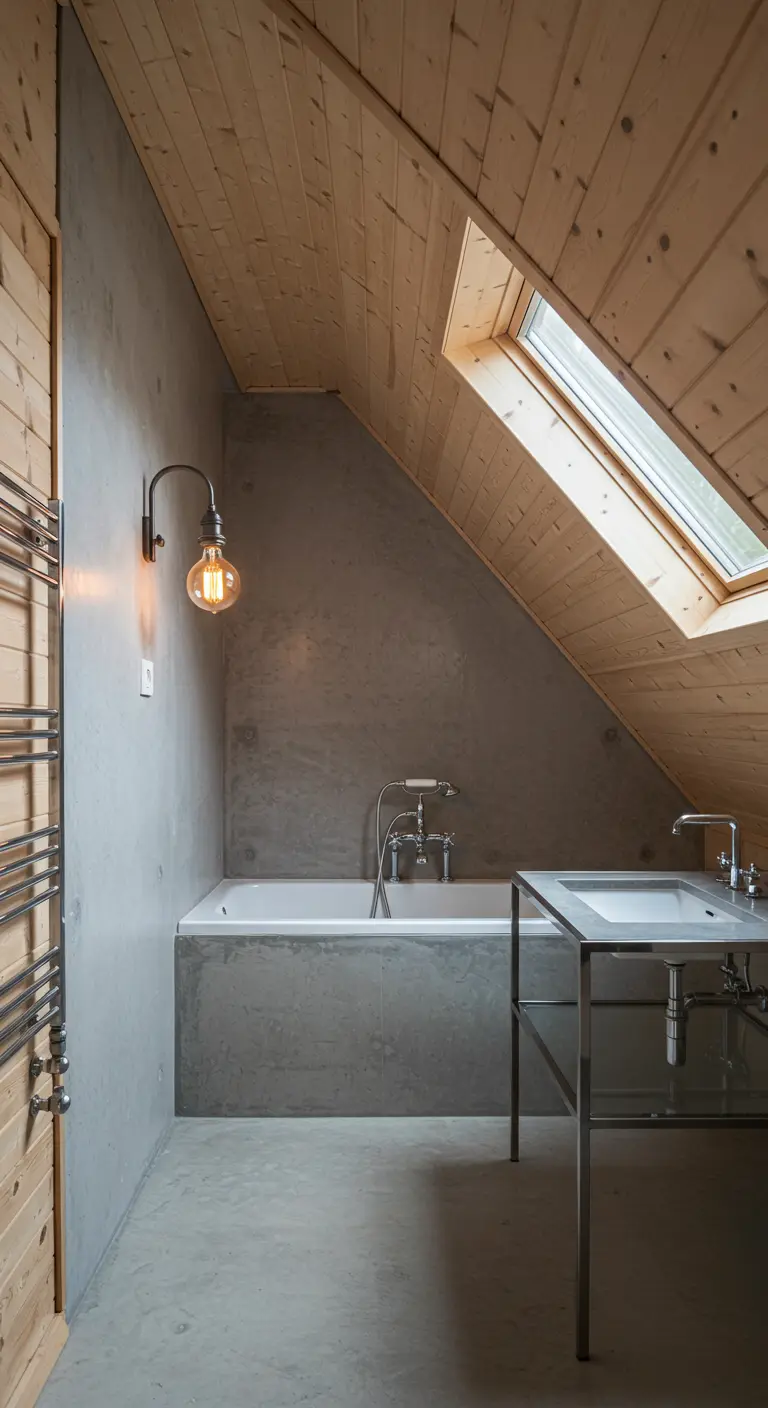 Attic bathroom with a sloped wood ceiling and a concrete bathtub surround.
