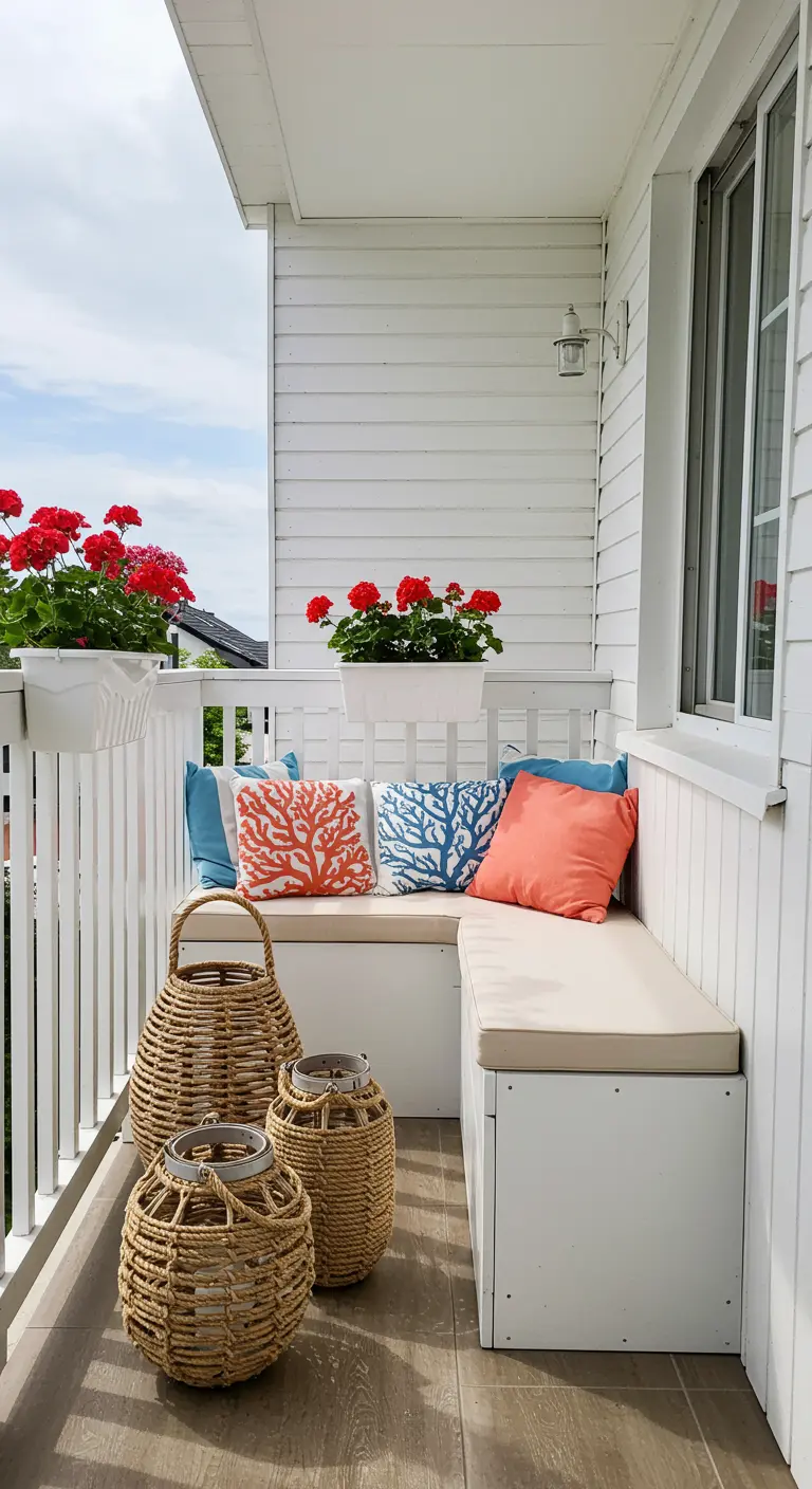 White balcony bench with coral print pillows and woven rattan lanterns on the floor.