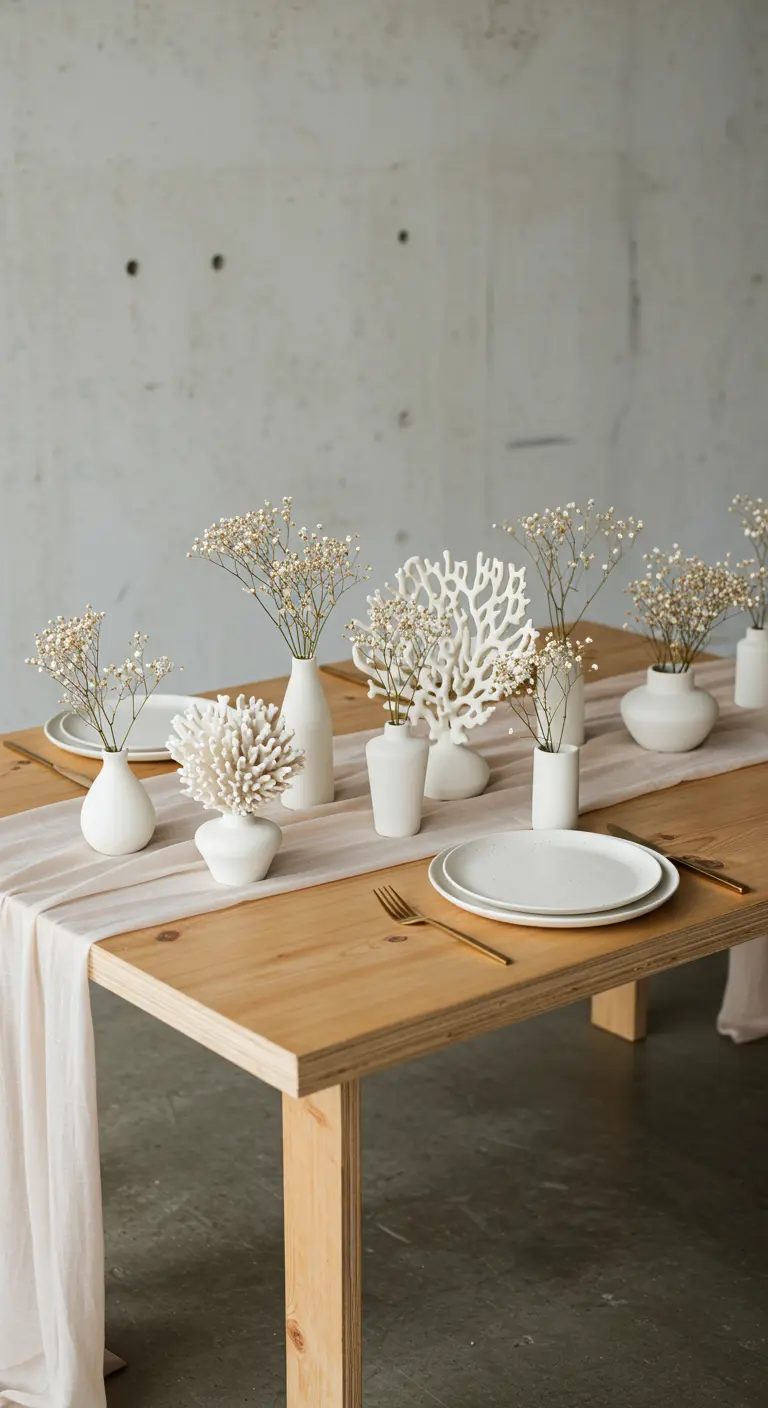 Table with a runner of white vases, baby's breath, and white coral against a concrete wall.