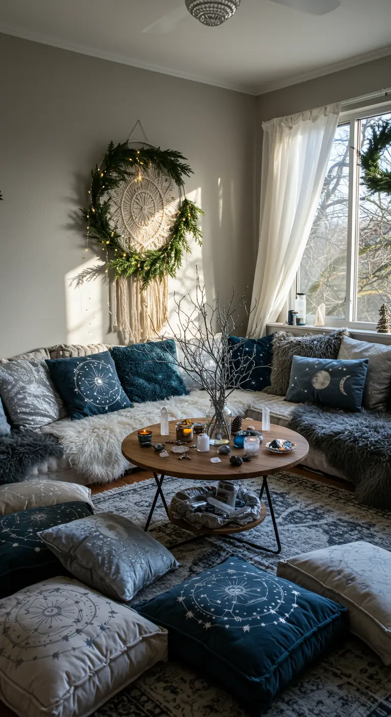 Cozy living room corner with celestial-themed pillows, floor seating, and a lit evergreen wreath.
