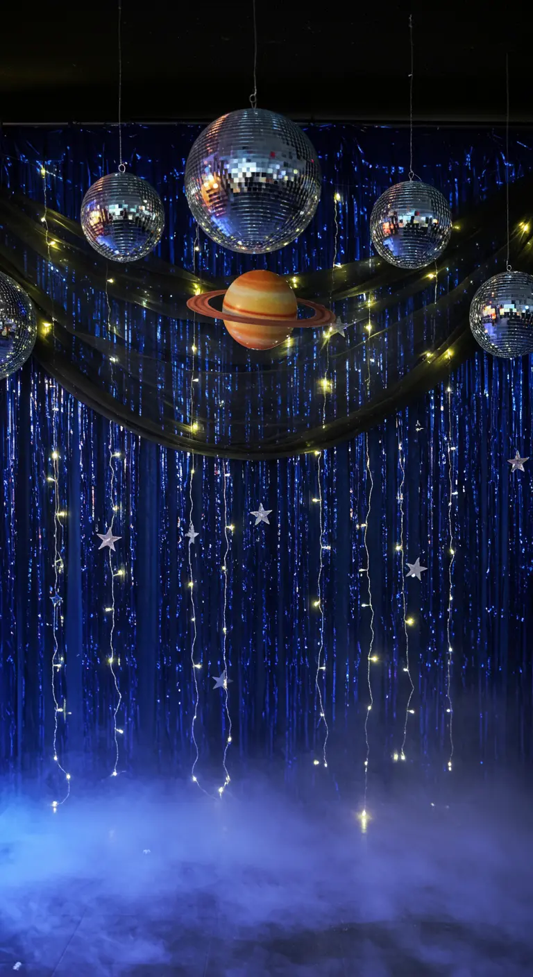 An outer space-themed backdrop with blue fringe, disco balls as planets, and fog effects.