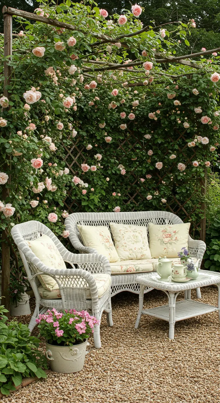 A white wicker garden set in front of a trellis covered in climbing pink roses.
