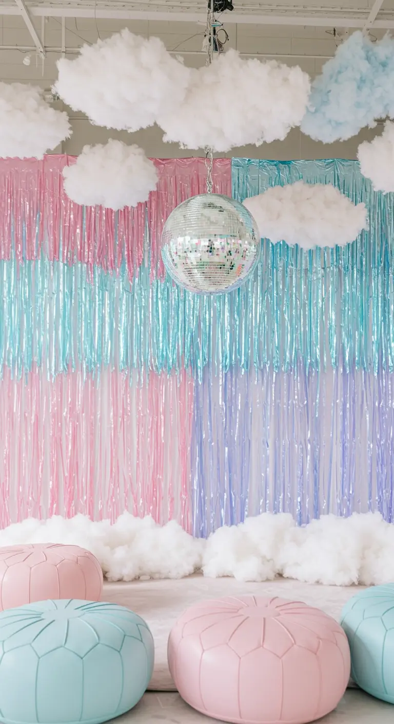 A pastel fringe backdrop with fluffy DIY clouds hanging from the ceiling and on the floor.