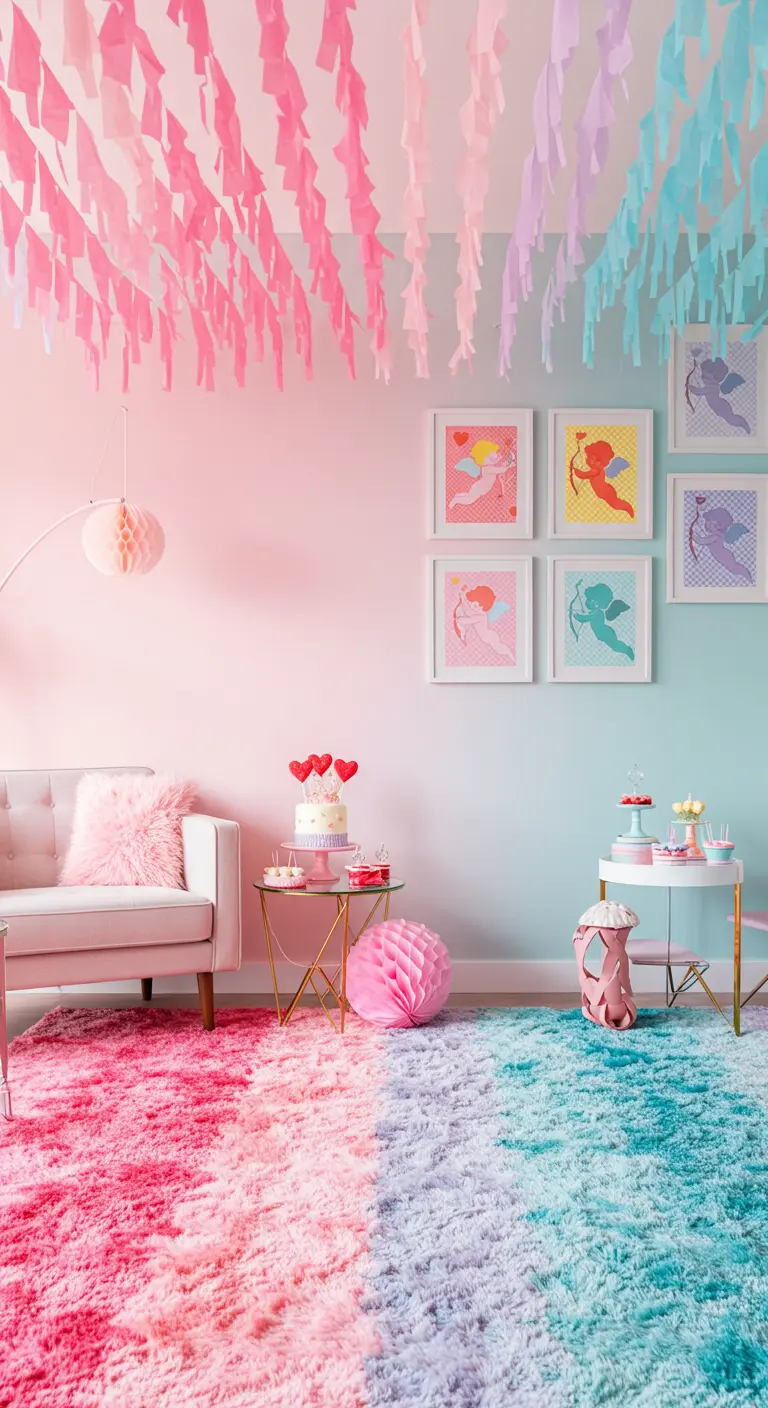 A pastel room with a ceiling covered in pink, purple, and blue crepe paper streamers.