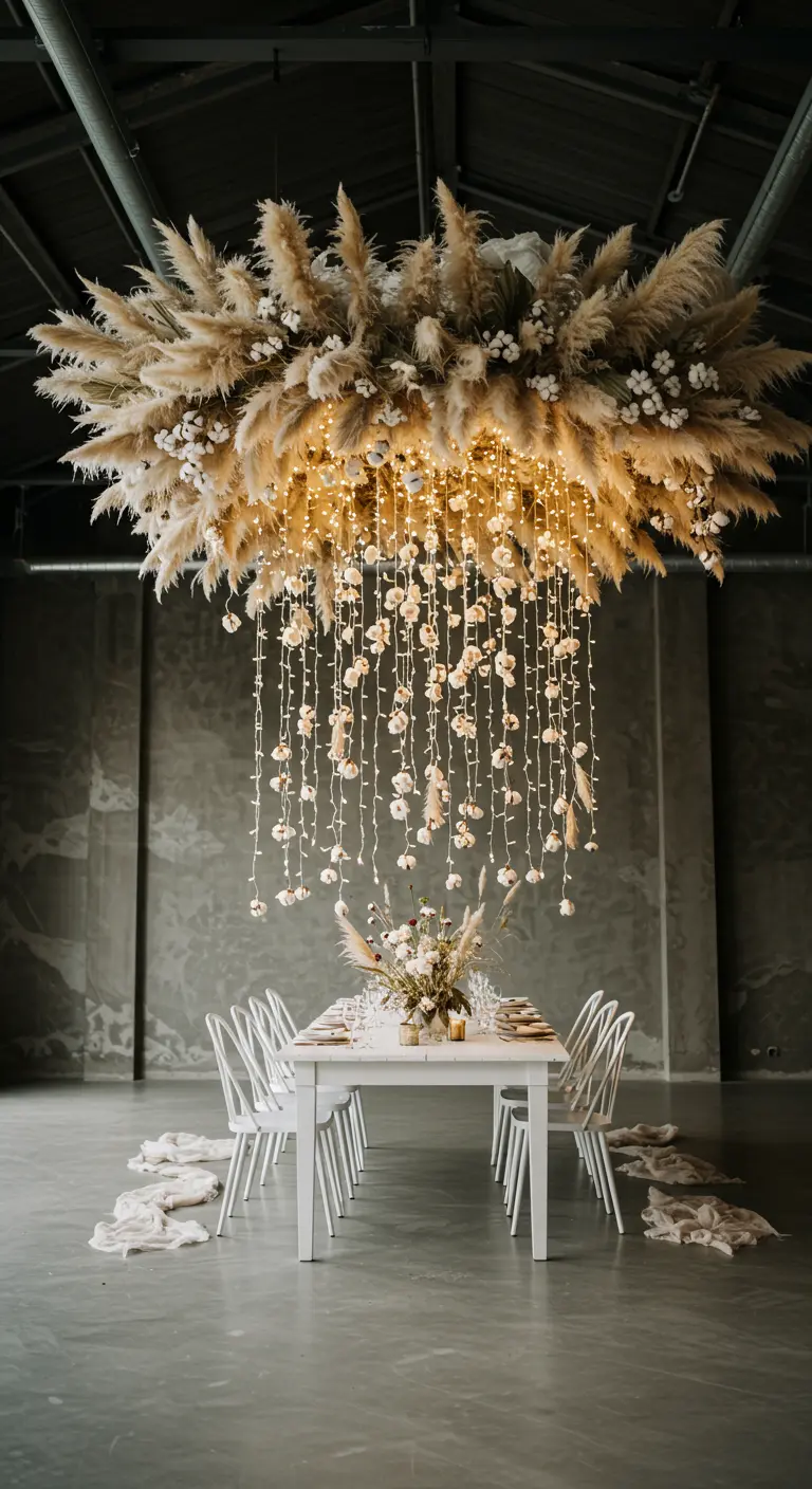 Dining table under a massive chandelier of pampas grass, cotton, and cascading fairy lights.