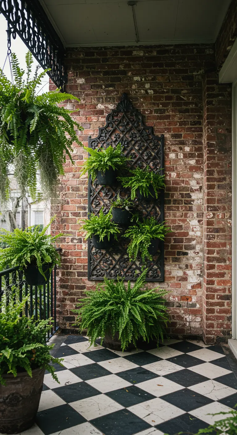 Elegant balcony with a brick wall, black iron trellis planter, and checkerboard floor.