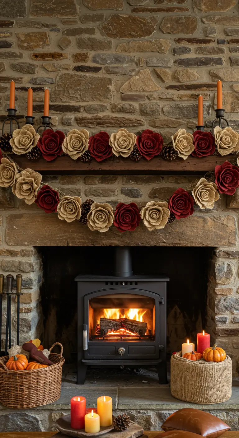 A garland of burlap and red felt roses with pinecones draped across a rustic fireplace mantel.