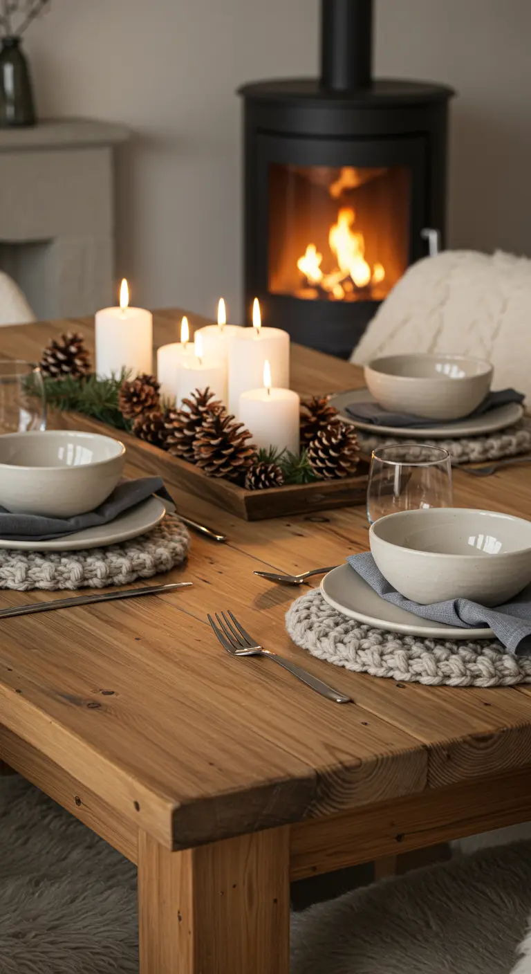 Cozy wooden table with a pinecone and candle centerpiece in front of a fireplace.