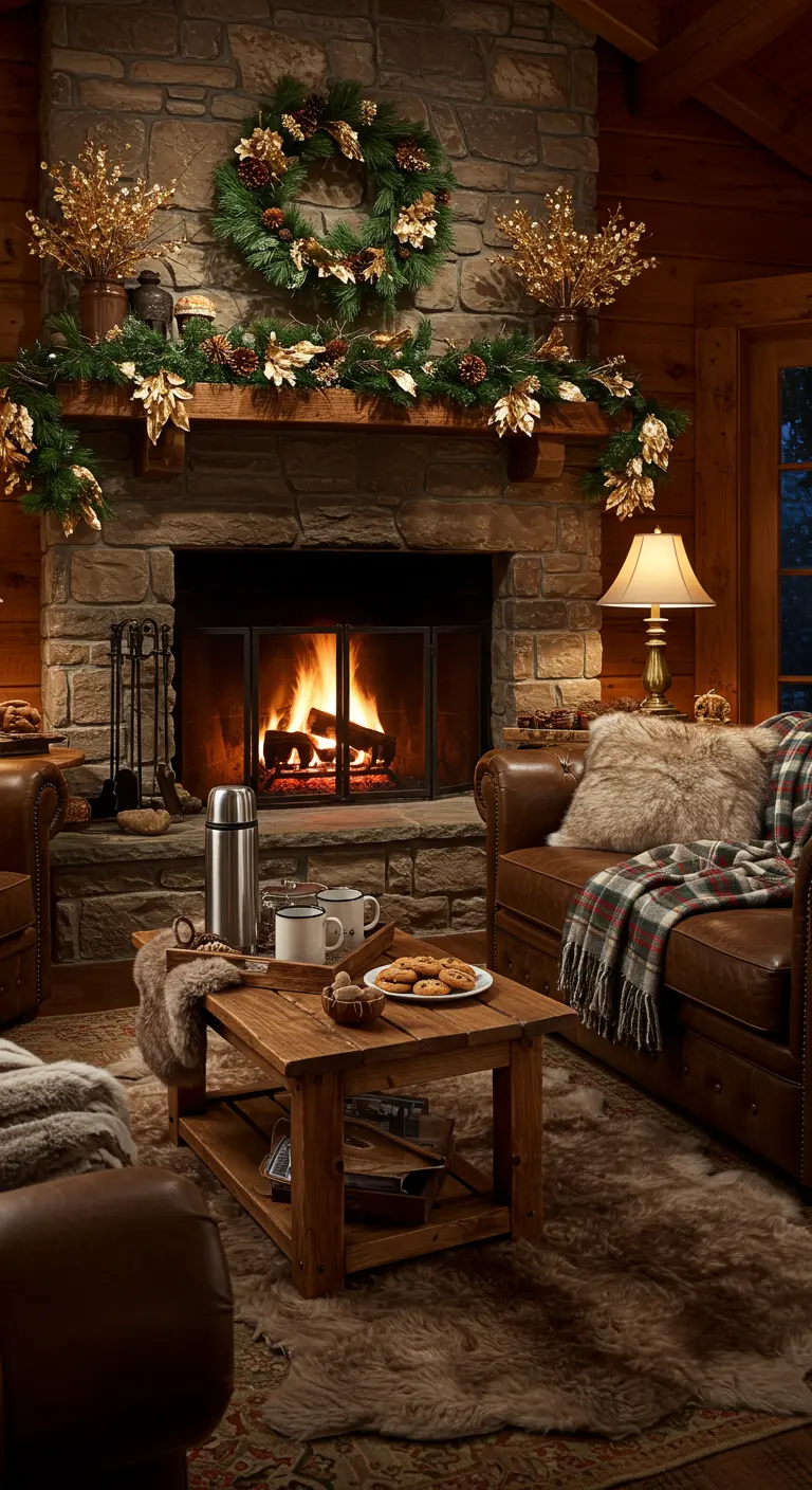 A stone fireplace in a log cabin decorated for winter with a wreath and garland.