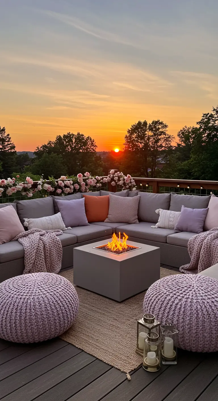 A rooftop deck at sunset with a fire pit, cozy knit poufs, and a pink rose garland.