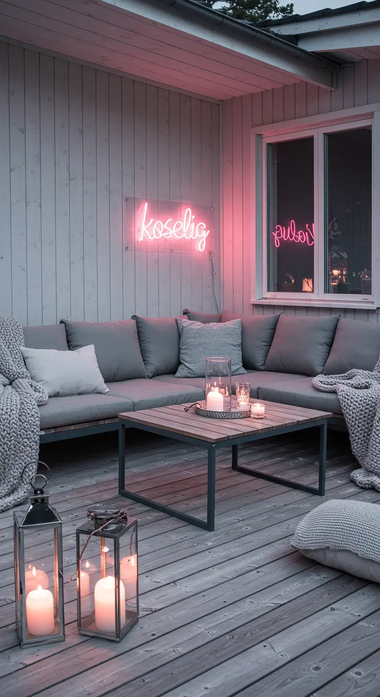 A cozy grey patio with a sectional sofa, blankets, and a neon sign that says 'koselig'.