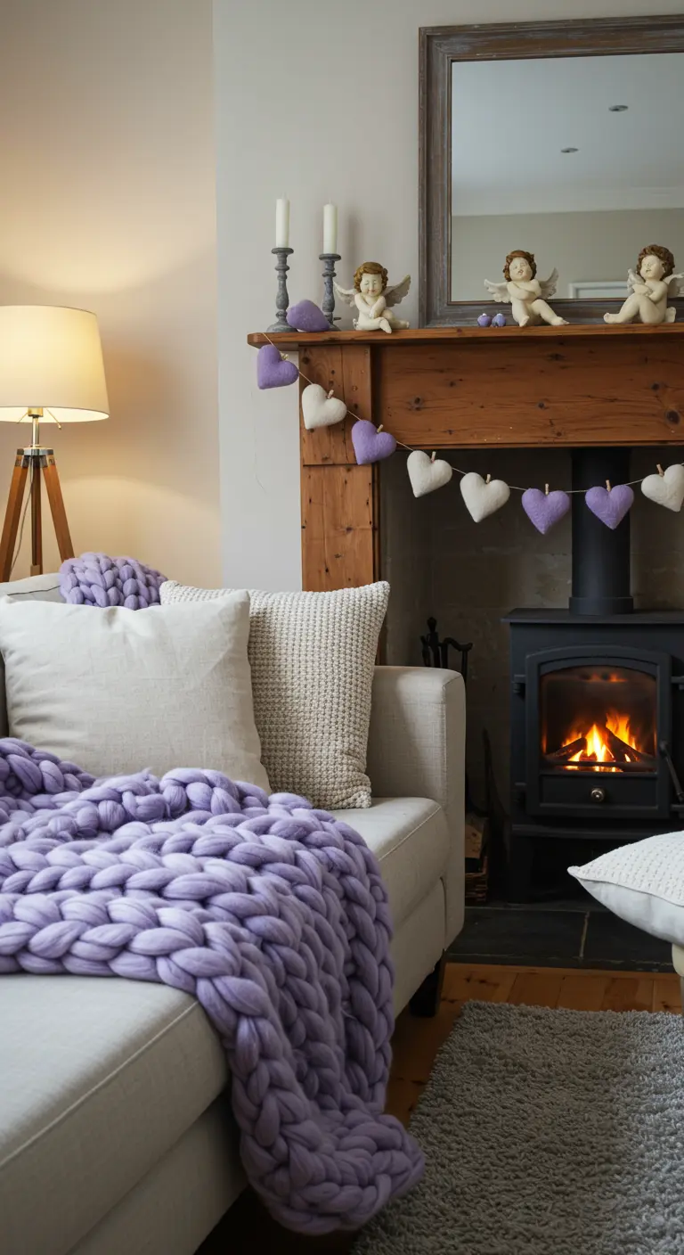 A cozy living room with a chunky lavender blanket and a heart garland on the fireplace mantel.