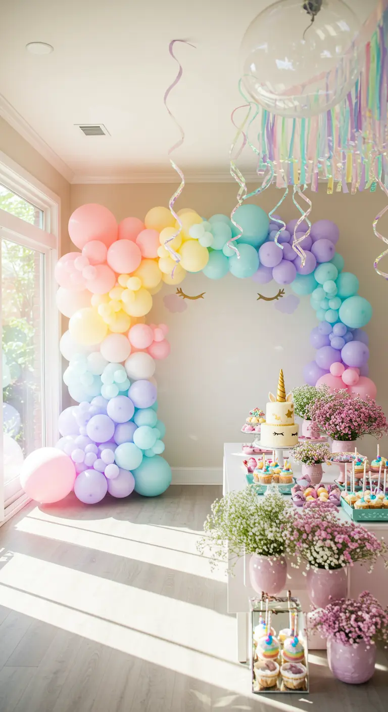 Pastel rainbow balloon arch over a unicorn-themed dessert table.