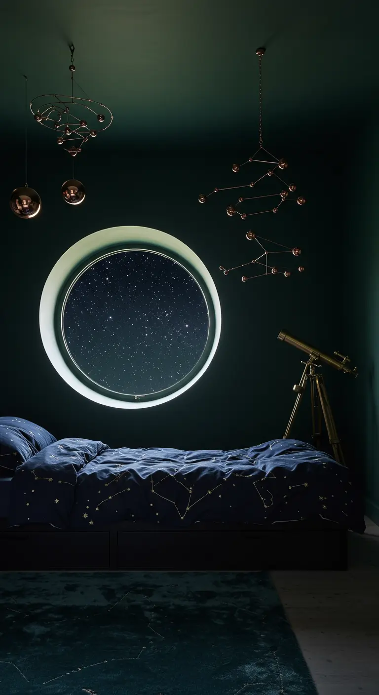 Dark green bedroom with a large round window, constellation bedding, and planetary light fixtures.