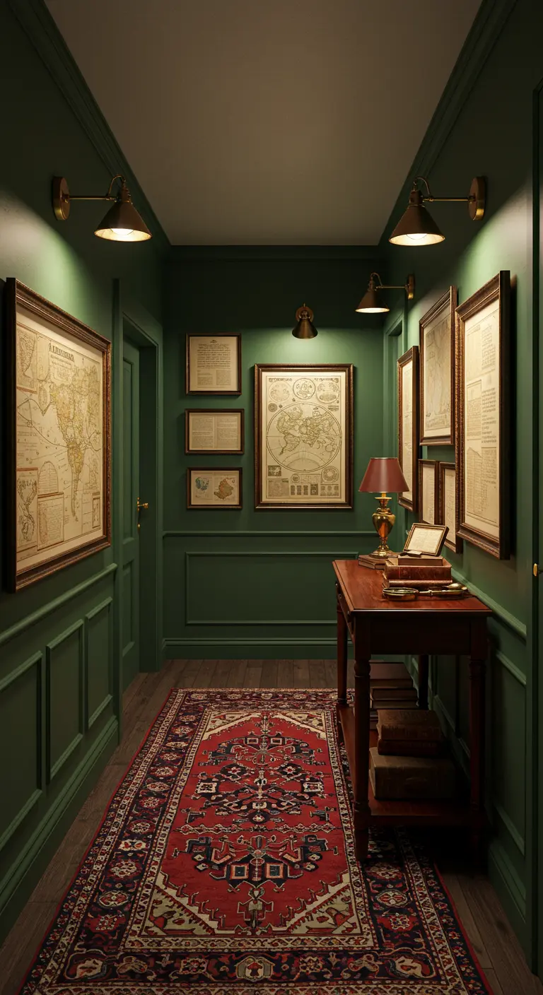Dark green library-style hallway with antique maps, a wood console, and a red Persian rug.