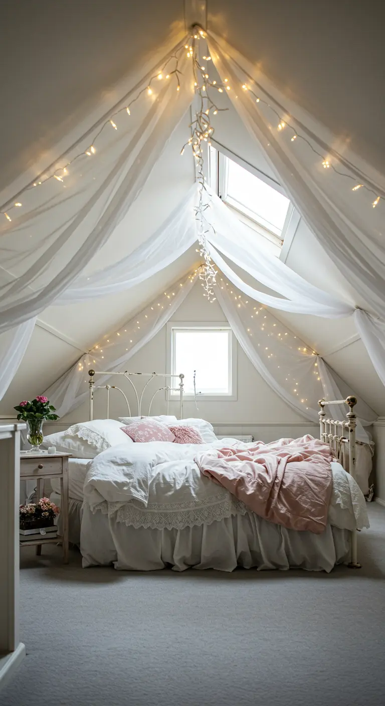Romantic loft bedroom with a white fabric canopy and string lights.